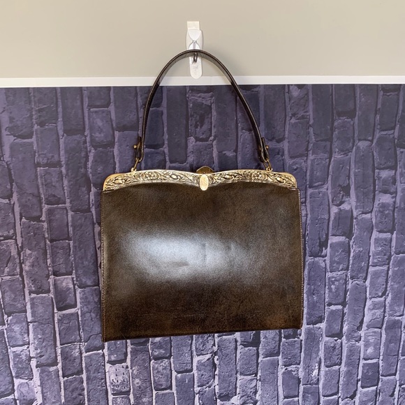 Vintage 50s Brown Leather Boxed Handbag - Picture 2 of 13